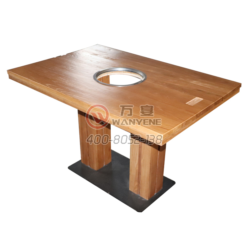 四人实木电磁炉火锅桌 实木双柱铸铁脚底座火锅餐桌