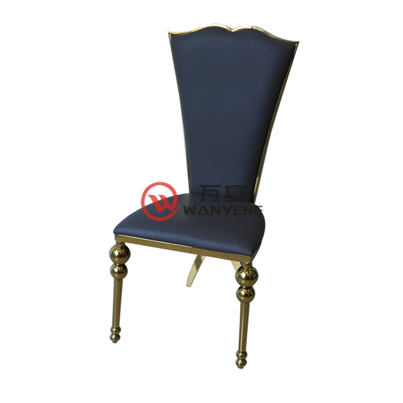 深蓝色超纤皮酒店餐椅 扇形靠背椅子 金色葫芦椅脚 牢固耐用不锈钢餐椅